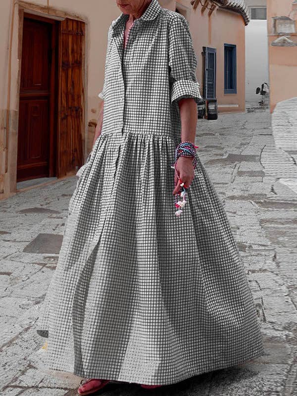 Plaid Pleated Maxi Dress with Long Sleeves, Button Closure, Loose Fit, and Split Lapel Detail: PINK / S