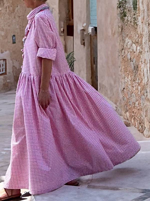 Plaid Pleated Maxi Dress with Long Sleeves, Button Closure, Loose Fit, and Split Lapel Detail: PINK / S