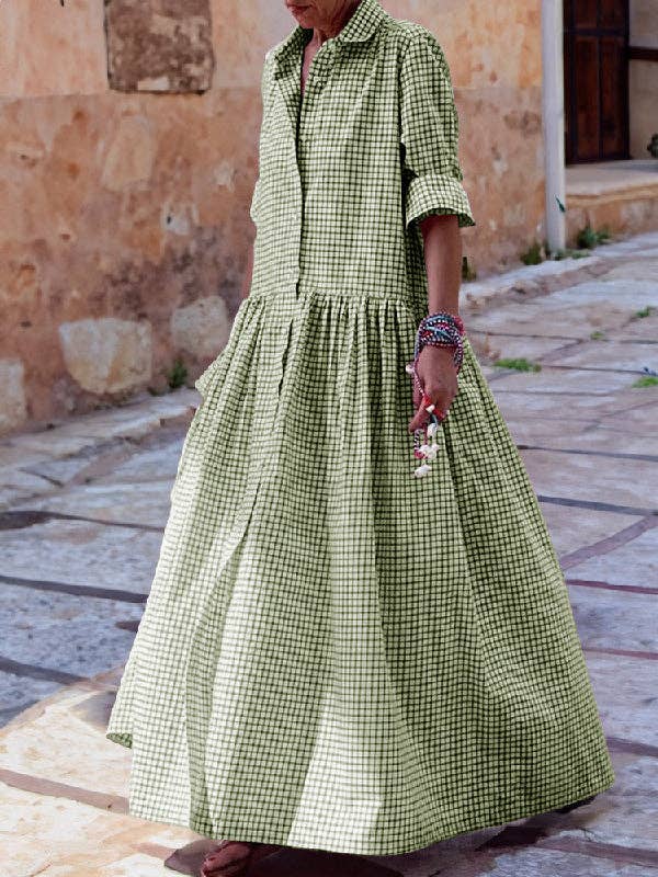 Plaid Pleated Maxi Dress with Long Sleeves, Button Closure, Loose Fit, and Split Lapel Detail: PINK / S