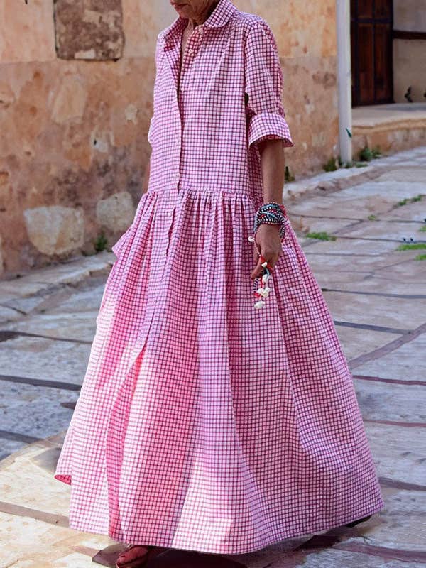 Plaid Pleated Maxi Dress with Long Sleeves, Button Closure, Loose Fit, and Split Lapel Detail: PINK / S