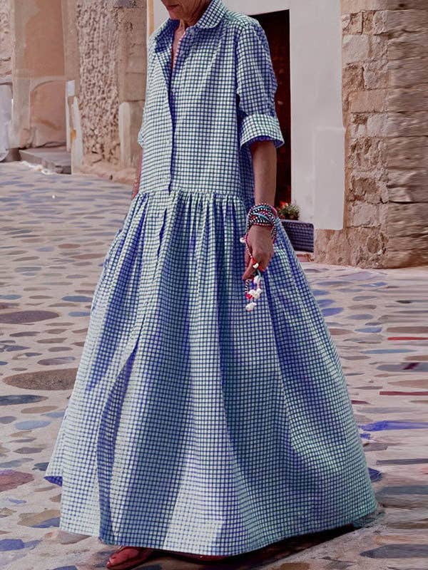 Plaid Pleated Maxi Dress with Long Sleeves, Button Closure, Loose Fit, and Split Lapel Detail: PINK / S