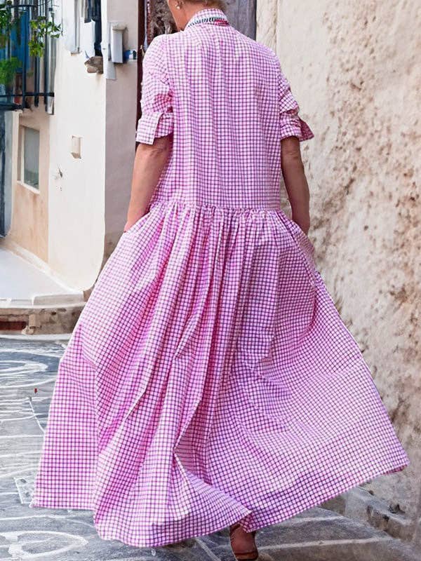 Plaid Pleated Maxi Dress with Long Sleeves, Button Closure, Loose Fit, and Split Lapel Detail: PINK / S